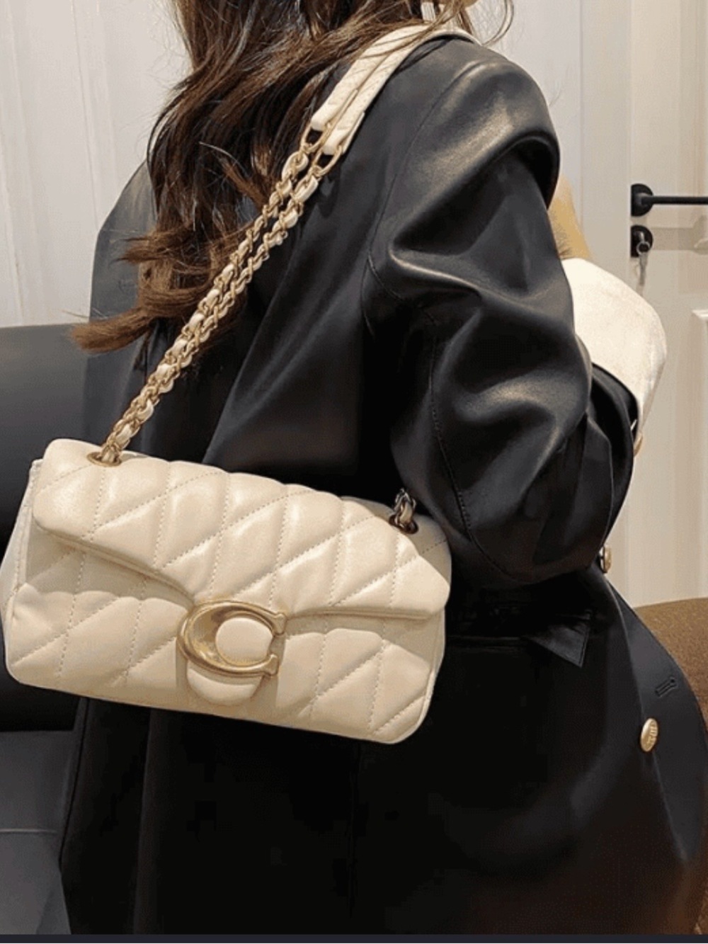 White coach Quilted Shoulder Bag with Teal Accent and Gold Hardware